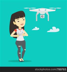 Young asian woman flying drone with remote control. Woman operating a drone with remote control. Woman controling a drone. Vector flat design illustration. Square layout.. Woman flying drone vector illustration.