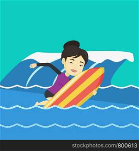 Young asian woman having fun during execution of a move on a blue ocean wave. Happy surfer in action on a surf board. Lifestyle and water sport concept. Vector flat design illustration. Square layout.. Happy surfer in action on a surf board.
