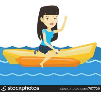 Young asian woman having fun on banana boat in the sea. Tourists riding a banana boat and waving hand. Woman enjoying her summer vacation. Vector flat design illustration isolated on white background.. Tourists riding a banana boat vector illustration.