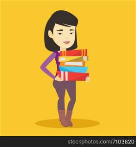 Young asian woman holding a pile of educational books in hands. Smiling student carrying huge stack of books. Student preparing for exam with books. Vector flat design illustration. Square layout.. Woman holding pile of books vector illustration.