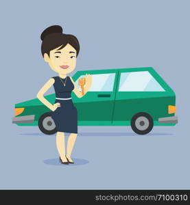 Young asian woman holding keys to her new car. Happy woman showing key to her new car. Smiling woman standing on the backgrond of her new car. Vector flat design illustration. Square layout.. Woman holding keys to her new car.