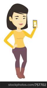 Young asian woman holding ringing mobile phone. Woman answering a phone call. Woman standing with ringing phone in hand. Vector flat design illustration isolated on white background.. Woman holding ringing mobile phone.