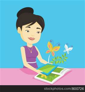 Young asian woman holding tablet computer above the book. Woman looking at butterflies flying out from digital tablet. Concept of agmented reality. Vector flat design illustration. Square layout.. Augmented reality vector illustration.