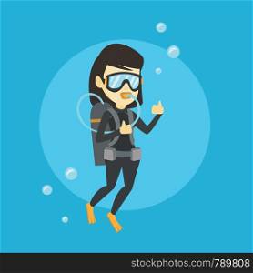 Young asian woman in diving suit snorkeling and giving thumb up. Woman diving with scuba and showing ok sign. Woman enjoying the diving. Vector flat design illustration. Square layout.. Woman diving with scuba and showing ok sign.