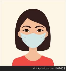 Young Asian woman in medical mask. Concept of protection against viruses, flu, coronavirus. Prevention of an epidemic. Flat vector illustration.