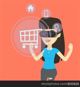 Young asian woman in virtual reality headset looking at shopping cart icon. Woman doing online shopping. Virtual reality and shopping online concept. Vector flat design illustration. Square layout. Woman in virtual reality headset shopping online.