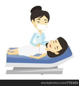 Young asian woman lying on couch in beauty salon and getting cosmetic dermal injection in face. Doctor making beauty injection to a client. Vector flat design illustration isolated on white background. Woman receiving beauty facial injections in salon.
