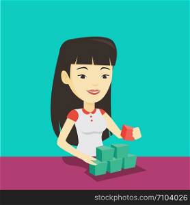 Young asian woman making pyramid of network avatars. Smiling woman building her social network. Networking and communication concept. Vector flat design illustration. Square layout.. Woman building pyramid of network avatars.