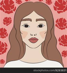 Young Asian woman on a floral background. Hand drawn vector illustration