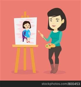 Young asian woman painting a female model on canvas. Creative smiling female artist drawing on an easel. Cheerful artist working on a painting. Vector flat design illustration. Square layout.. Creative female artist painting portrait.