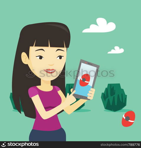 Young asian woman playing action game on smartphone. Young woman playing with her mobile phone outdoor. Woman using smartphone for playing action game. Vector flat design illustration. Square layout.. Woman playing action game on smartphone.
