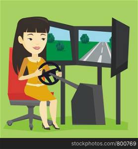 Young asian woman playing video game with gaming wheel. Happy smiling gamer driving autosimulator in game room. Woman playing car racing video game. Vector flat design illustration. Square layout.. Woman playing video game with gaming wheel.