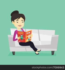 Young asian woman reading a magazine. Relaxed woman sitting on sofa and reading magazine. Smiling woman sitting on the couch with magazine in hands. Vector flat design illustration. Square layout.. Woman reading magazine on sofa vector illustration