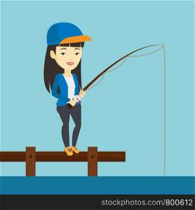 Young asian woman relaxing during fishing on jetty. Cheerful fisherwoman fishing on the lake. Smiling angler standing on jetty with fishing-rod in hands. Vector flat design illustration. Square layout. Man fishing on jetty vector illustration.