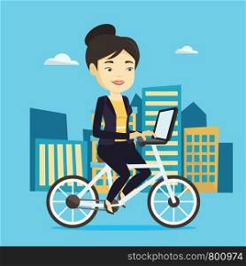 Young asian woman riding a bicycle to work in the city. Businesswoman with laptop on a bike. Businesswoman working on a laptop while riding a bicycle. Vector flat design illustration. Square layout.. Woman riding bicycle in the city.