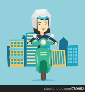 Young asian woman riding a scooter on a city background. Young woman in helmet driving a scooter in the city street. Smiling woman driving a scooter. Vector flat design illustration. Square layout. Woman riding scooter in the city.