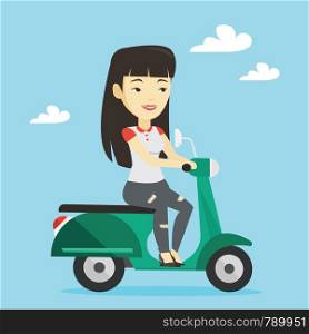 Young asian woman riding a scooter outdoor. Smiling woman traveling on a scooter. Happy woman enjoying her trip on a scooter. Vector flat design illustration. Square layout.. Woman riding scooter vector illustration.