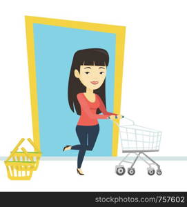 Young asian woman running into the shop. Woman rushing to shopping with an empty shopping trolley. Customer pushing supermarket trolley. Vector flat design illustration isolated on white background.. Customer running into the shop with trolley.