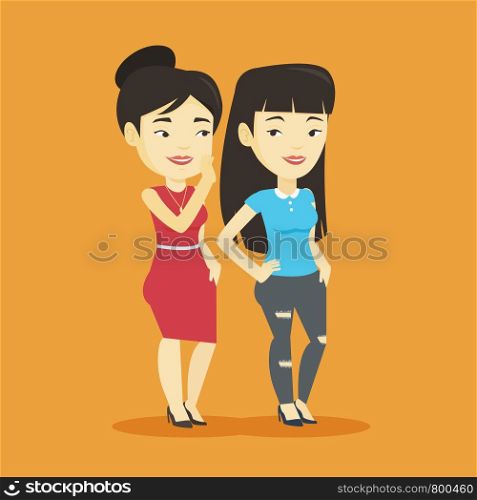Young asian woman shielding her mouth and whispering a gossip to her friend. Two happy women sharing gossips. Smiling friends discussing gossips. Vector flat design illustration. Square layout.. One woman whispering to another secret.