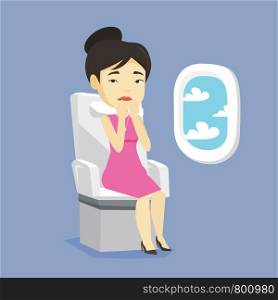 Young asian woman shocked by plane flight in a turbulent area. Airplane passenger frightened by flight. Terrified passenger sitting in airplane seat. Vector flat design illustration. Square layout.. Young woman suffering from fear of flying.