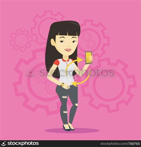 Young asian woman showing her smartphone and smart watch on the background with cogwheels. Concept of synchronization between smart watch and smartphone. Vector flat design illustration. Square layout. Synchronization between smartwatch and smartphone.