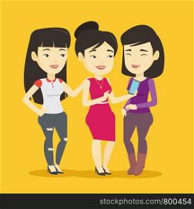 Young asian woman showing something to her friends on her smartphone. Three happy friends looking at smartphone and laughing. Woman using smartphone. Vector flat design illustration. Square layout.. Three smiling friends looking at mobile phone.