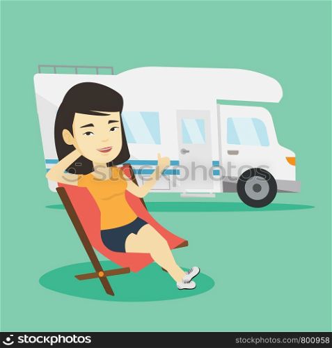 Young asian woman sitting in folding chair and giving thumb up on the background of camper van. Smiling woman enjoying her vacation in camper van. Vector flat design illustration. Square layout.. Woman sitting in chair in front of camper van.