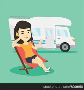 Young asian woman sitting in folding chair and giving thumb up on the background of camper van. Smiling woman enjoying her vacation in camper van. Vector flat design illustration. Square layout.. Woman sitting in chair in front of camper van.