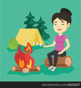 Young asian woman sitting on a log near campfire with marshmallow. Traveler woman roasting marshmallow over campfire. Tourist relaxing near campfire. Vector flat design illustration. Square layout.. Woman roasting marshmallow over campfire.