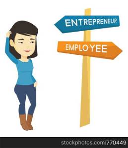 Young asian woman standing at road sign with two career pathways - entrepreneur and employee. Thoughtful woman choosing her career way. Vector flat design illustration isolated on white background.. Confused woman choosing career pathway.