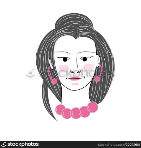 Young Asian woman. Stylish flat portrait isolated on white background. Trendy square doodle avatar. Happy face. Funny Cartoon people character outline. Social media highlight Vector illustration. Young Asian woman. Stylish flat portrait isolated on white background. Trendy square doodle avatar. Happy face. Funny Cartoon people character outline. Social media highlight Vector