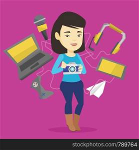 Young asian woman taking photo with digital camera. Woman surrounded with gadgets. Woman using many electronic gadgets. Girl addicted to modern gadgets. Vector flat design illustration. Square layout.. Young woman surrounded with her gadgets.