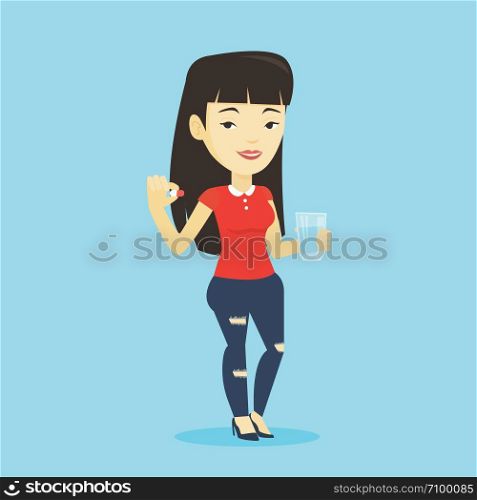 Young asian woman taking pills. Healthy woman holding pills and glass of water in hands. Happy smiling woman taking pills. Healthy lifestyle concept. Vector flat design illustration. Square layout.. Young asian woman taking pills.