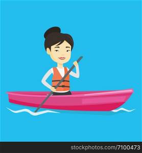 Young asian woman traveling by kayak. Female kayaker paddling. Sportswoman riding in a kayak in the river. Sportswoman paddling a canoe. Vector flat design illustration. Square layout.. Sportswoman riding in kayak vector illustration.