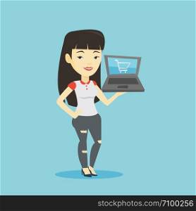 Young asian woman using laptop for online shopping. Female customer holding laptop with shopping trolley on a screen. Woman doing online shopping. Vector flat design illustration. Square layout.. Woman shopping online vector illustration.