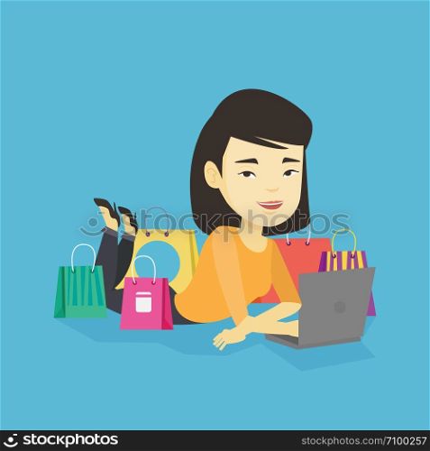 Young asian woman using laptop for online shopping. Smiling woman lying with laptop and making online shopping order. Woman doing online shopping. Vector flat design illustration. Square layout.. Woman shopping online vector illustration.