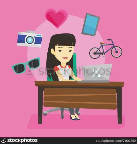 Young asian woman using laptop for online shopping. Happy woman doing online shopping. Woman buying in online shop. Girl buying on internet. Vector flat design illustration. Square layout.. Woman shopping online vector illustration.
