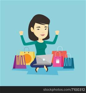 Young asian woman with hands up using laptop for shopping online. Happy customer sitting with shopping bags around her. Woman doing online shopping. Vector flat design illustration. Square layout.. Woman shopping online vector illustration.