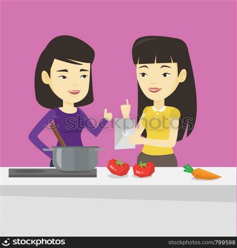 Young asian women following recipe for healthy vegetable meal on digital tablet. Friends cooking healthy meal. Friends having fun cooking together. Vector flat design illustration. Square layout.. Women cooking healthy vegetable meal.