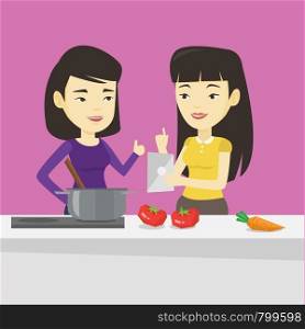 Young asian women following recipe for healthy vegetable meal on digital tablet. Friends cooking healthy meal. Friends having fun cooking together. Vector flat design illustration. Square layout.. Women cooking healthy vegetable meal.