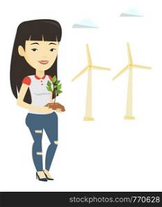Young asian worker of wind farm. Woman holding in hands green small plant in soil on the background of wind turbines. Green energy concept. Vector flat design illustration isolated on white background. Woman holding small plant vector illustration.