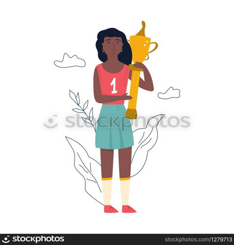 Young athlete girl standing with a golden cup. Victory concept. Flat vector illustration. Young athlete girl standing with a golden cup