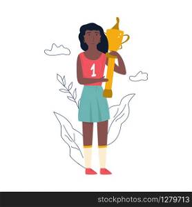 Young athlete girl standing with a golden cup. Victory concept. Flat vector illustration. Young athlete girl standing with a golden cup