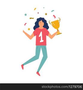 Young athlete girl with a trophy in a hand celebrating victory. Flat vector illustration. Young athlete girl with a trophy in a hand