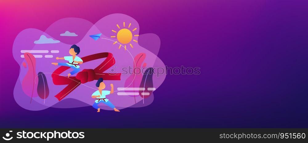 Young athletes doing karate outside at summer camp and big belt, tiny people. Karate camp, kids boxing club, fighting sport section concept. Header or footer banner template with copy space.. Karate camp concept banner header.