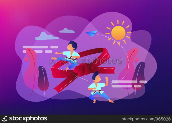 Young athletes doing karate outside at summer camp and big belt, tiny people. Karate camp, kids boxing club, fighting sport section concept. Bright vibrant violet vector isolated illustration