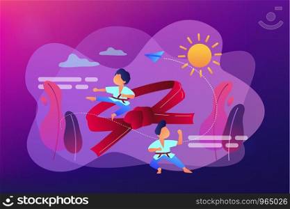 Young athletes doing karate outside at summer camp and big belt, tiny people. Karate camp, kids boxing club, fighting sport section concept. Bright vibrant violet vector isolated illustration