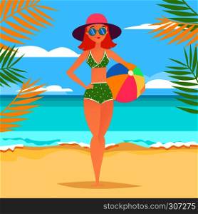 Young athletic girl with ball on the beach. Vector illustration. Young athletic girl with ball on the beach