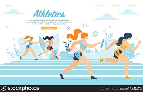 Young Athletics Sportswomen Take Part in Relay Race Running on Stadium with Sticks. Sport Jogging Tournament, Activity, Healthy Lifestyle, Summer Competition. Cartoon Flat Vector Illustration, Banner. Athletics Sportswomen Take Part in Relay Race Run