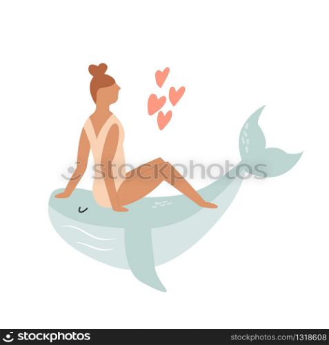 Young attractive girl sitting on a whale. Friendship concept. Vector illustration in a flat style. Young attractive girl sitting on a whale
